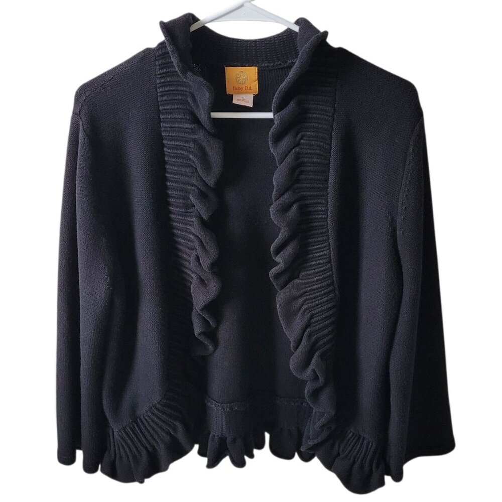 Ruby Rd Cardigan Black Ruffled Open Front 3/4 Sleeve Womens Large Boho Academia - Picture 1 of 10